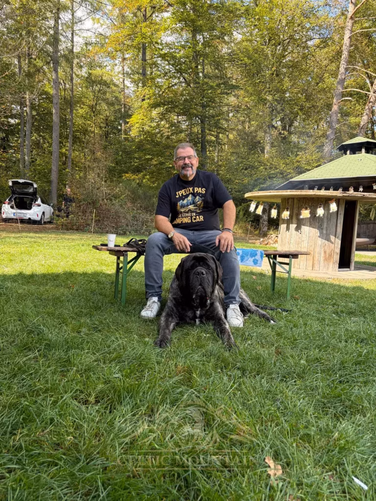 Ein Gast sitzt auf einer Holzbank; ein gestromter Mastiff sitzt dicht vor ihm auf der Wiese.