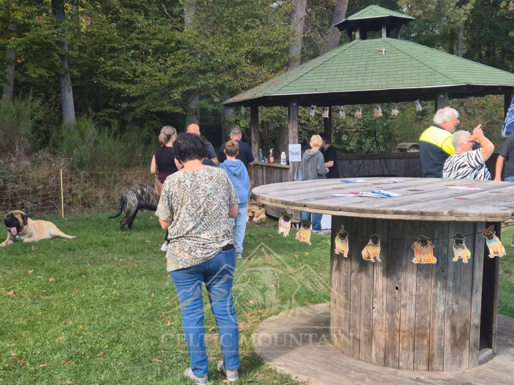Gäste stehen um einen großen runden Holztisch; dahinter sind Pavillon, Bäume und Hunde zu sehen.